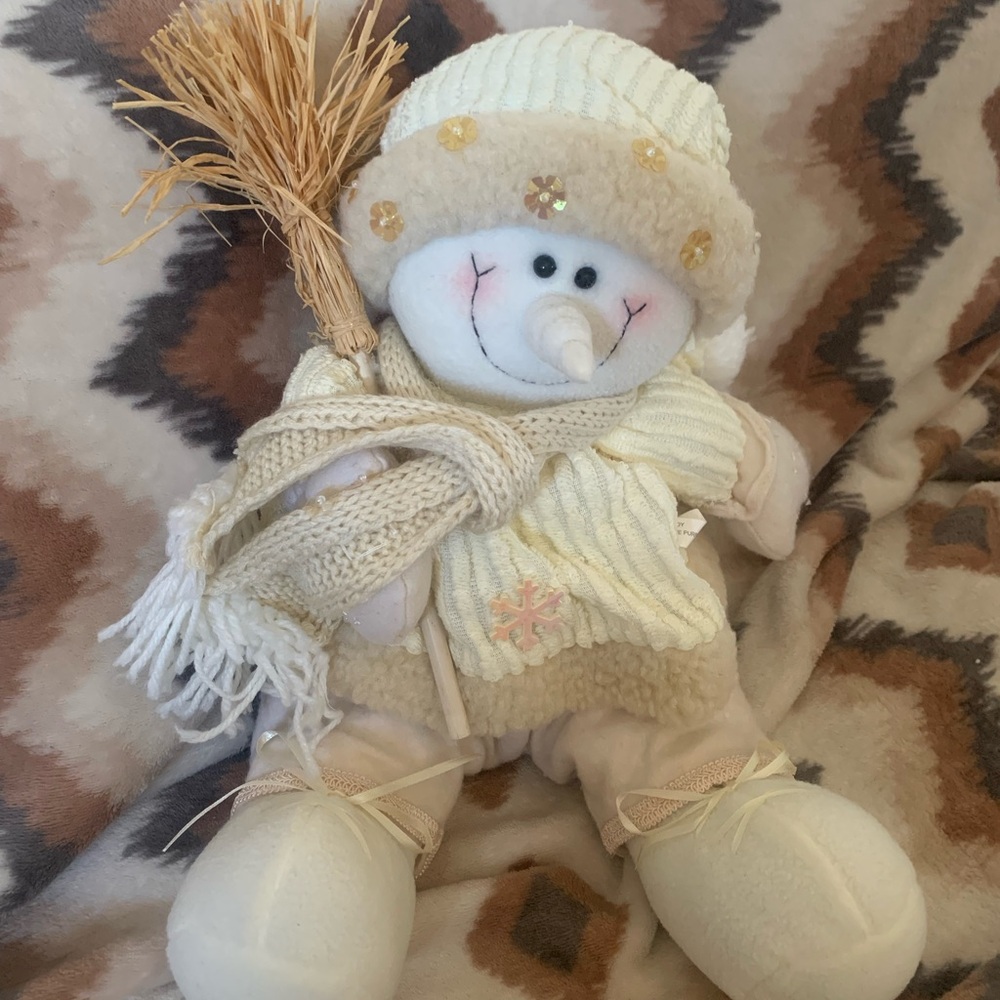 Cream & Ivory Snowman Plush Winter Decor with Broom – 16” Tall Stuffed Snowman